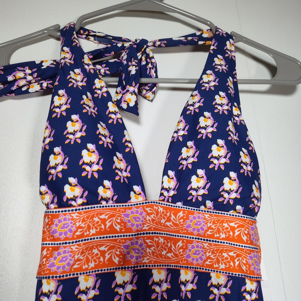 J.Crew NEW Halter V-Neck One Piece Swimsuit Navy Block Print Floral AV289 Size 0 - Picture 3 of 10